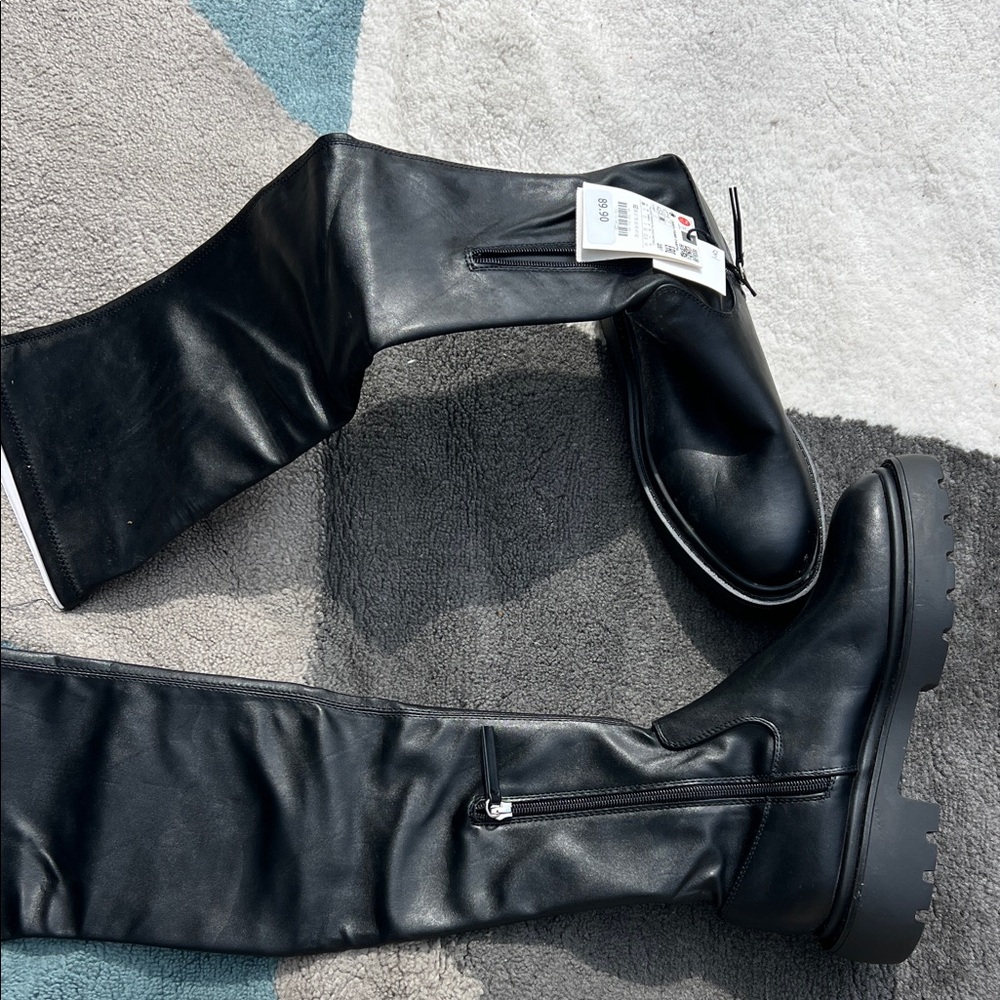 Zara Black Leather Knee-High Boots